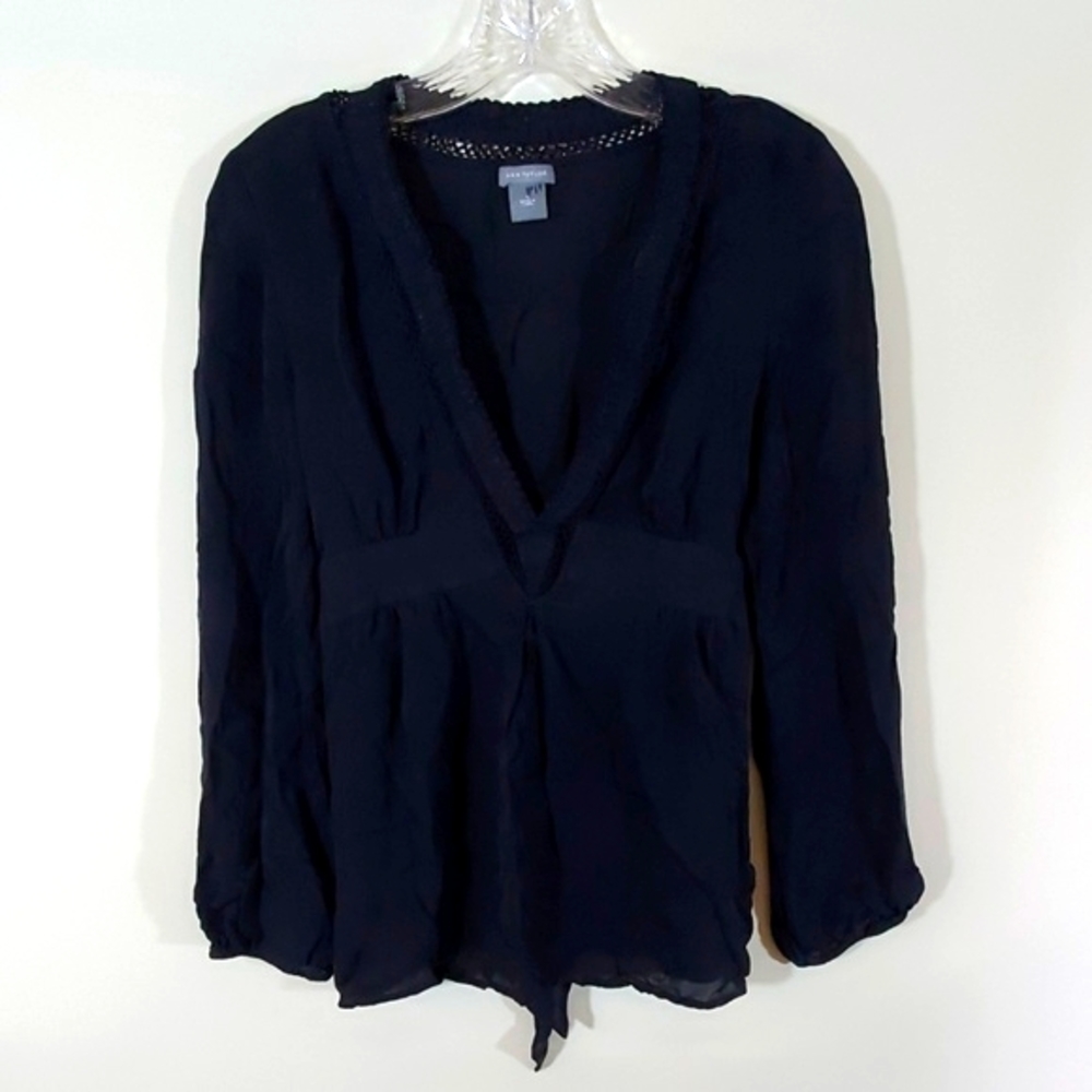 Ann taylor sheer silk v neck black blouse